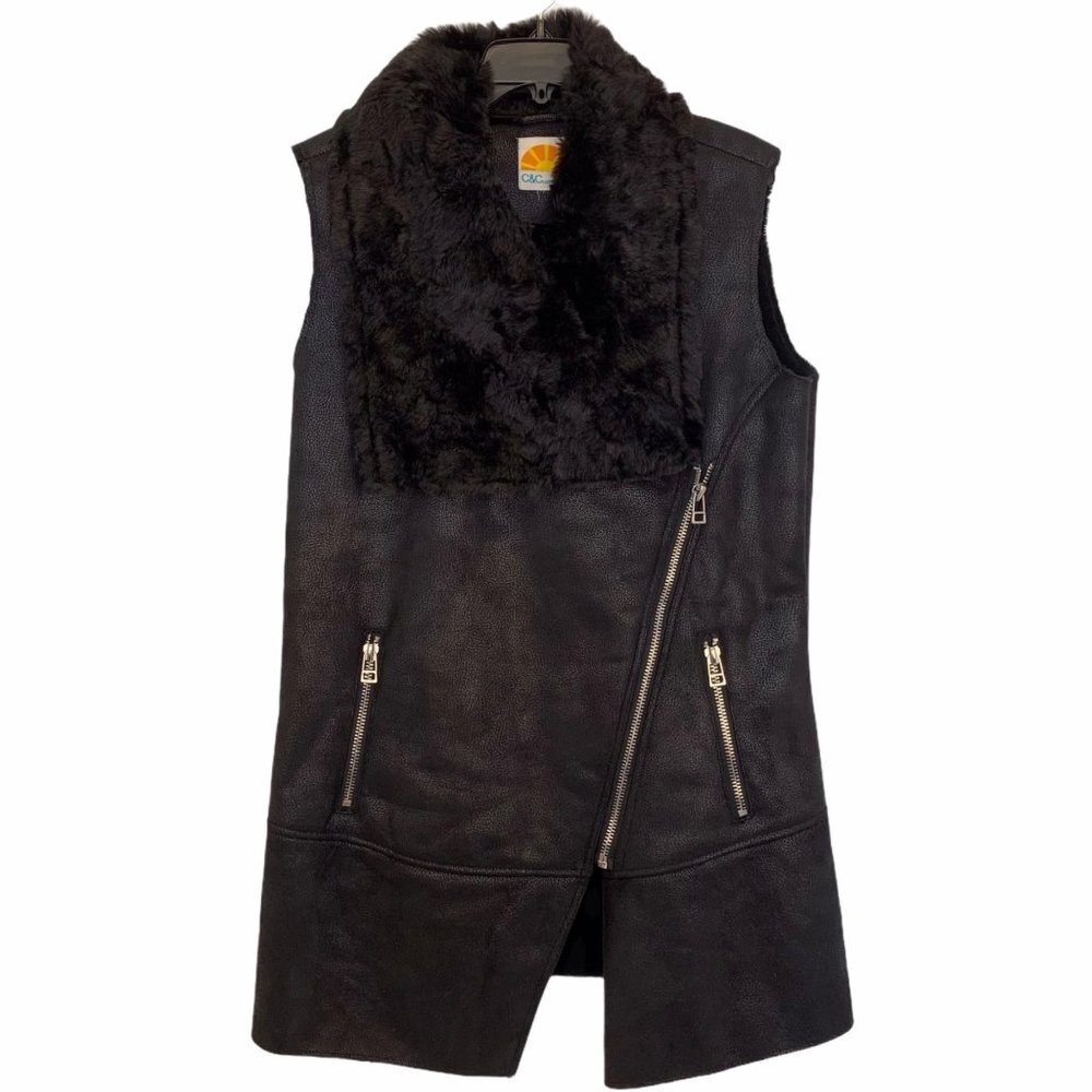 C&C California Faux Fur Asymmetrical Zip Sleeveless Vest Black Xlarge